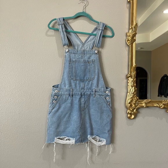 Distressed Destroyed Mini Skirt Overalls Jeans Size Medium Skortall Jumper - Picture 3 of 9